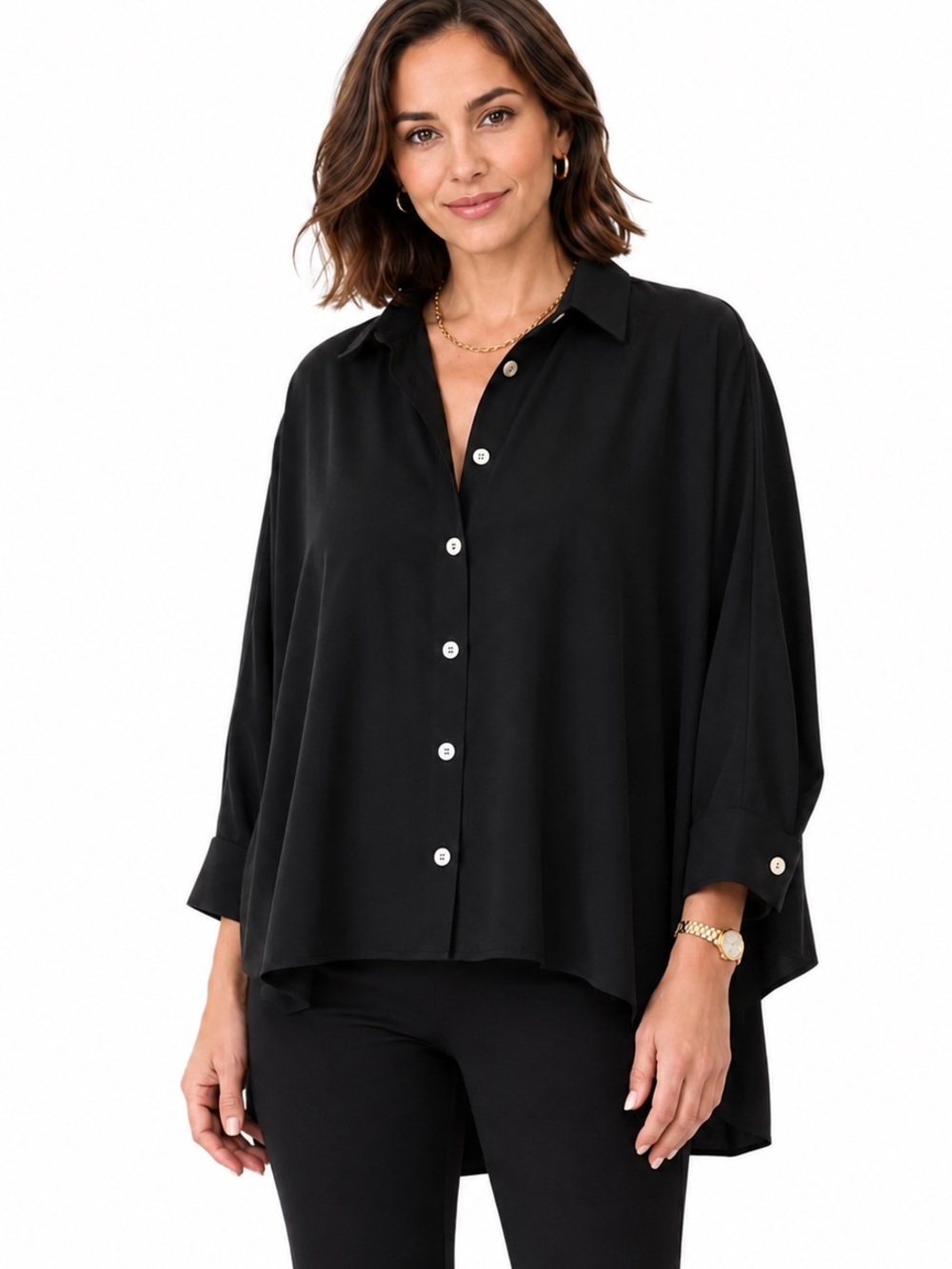 Mara Wynne for Chico’s Black Button Front Blouse S Career Chic Flowy 3/4 Sleeve
